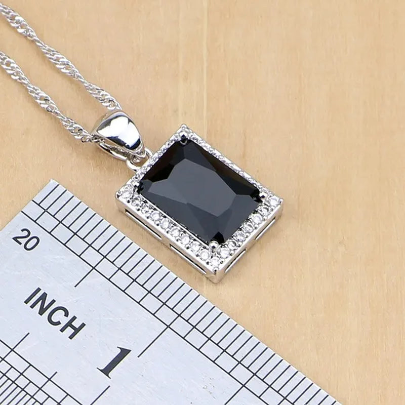 Women 925 Sterling Silver Jewelry Black Sapphire White Birthstones Jewelry Set Wedding Earrings/Pendant/Necklace/Ring