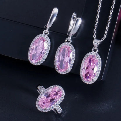 Gloriya Brand 925 Sterling Silver Bright Oval Yellow Topaz Crystal with White CZ Pendant Necklace Earrings and Ring Set for Women Gorgeous Cocktail Party Jewelry Sets