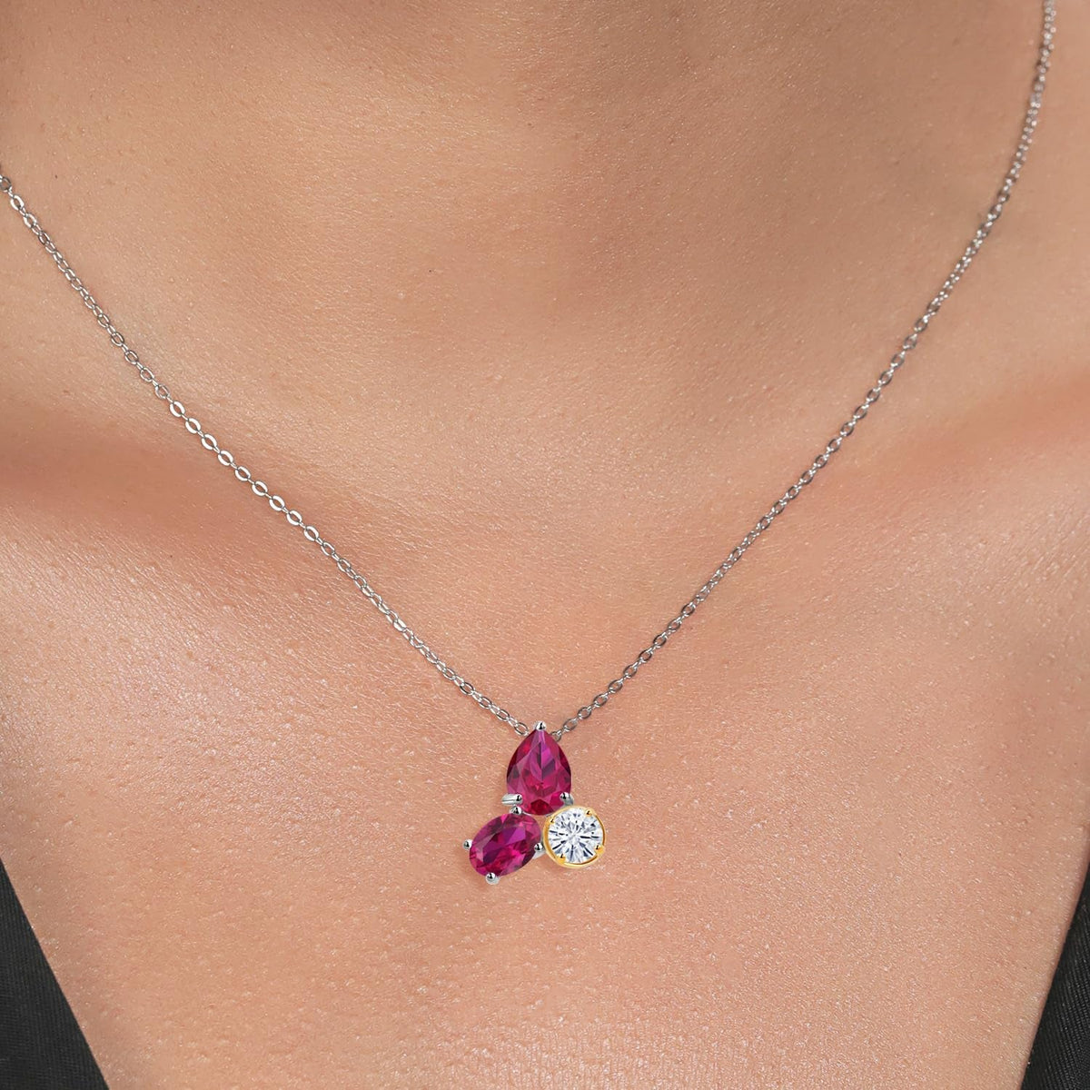 925 Silver and 10K Yellow Gold Created Ruby and Moissanite 3 Stone Pendant Necklace for Women | 2.60 Cttw | Gemstone July Birthstone | Pear Shape 8X6MM | Oval 7X5MM | round 5MM | with 18 Inch Chain
