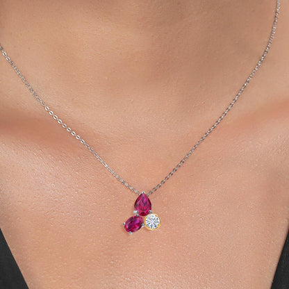 925 Silver and 10K Yellow Gold Created Ruby and Moissanite 3 Stone Pendant Necklace for Women | 2.60 Cttw | Gemstone July Birthstone | Pear Shape 8X6MM | Oval 7X5MM | round 5MM | with 18 Inch Chain