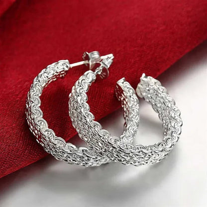 Charm 925 Sterling Silver Bangle Rings Earrings Bracelets Jewelry Set Hot Fine Weave Net Fashion Party Gifts