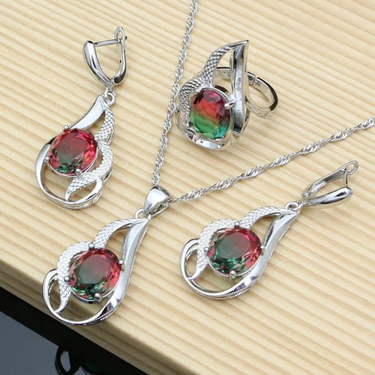 925 Silver Jewelry Sets for Women Rainbow Tourmaline  Wedding Necklace Earrings Open Ring