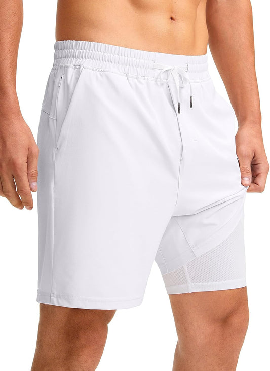 Men'S 2 in 1 Running Shorts with Liner 7 Inch Training Gym Athletic Workout Shorts for Men with Zipper Pockets