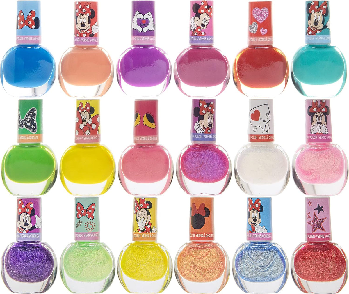 Disney Minnie Mouse Non-Toxic Peel-Off Nail Polish Set for Girls, Glittery and Opaque Colors,18 Pcs|Perfect for Parties Sleepovers Makeovers| Birthday Gift for Girls 3 Yrs+
