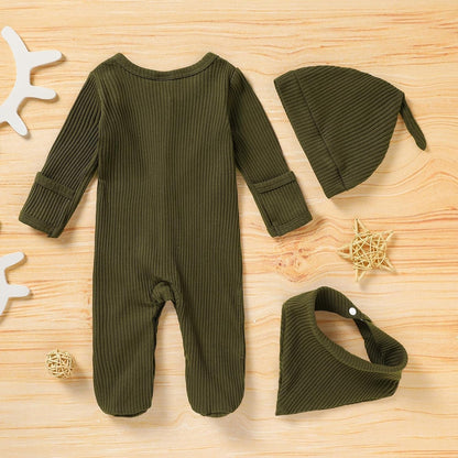 Newborn Infant Baby Boy Coming Homing Clothes Letter Print Button Knit Footed Romper Jumpsuit Hat Bibs 3Pcs Outfit