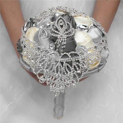 21CM Luxury Crystal Brooch Bridesmaid Bridal Bouquet Shiny Rhinestone Tassel Wedding Flower Bouquet Ribbon Silk Rose Artificial Flower Wedding Supplies