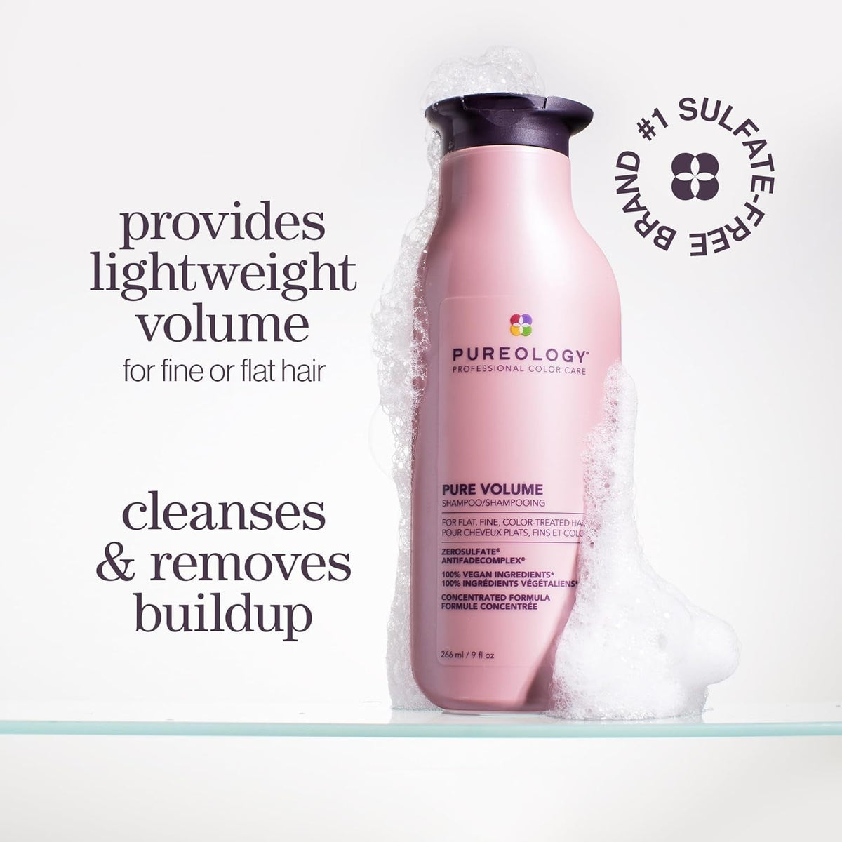 Pureology Pure Volume Shampoo - for Flat, Fine, Color-Treated Hair, Adds Lightweight Volume and Body, Clarifies Buildup, Sulfate-Free & Vegan