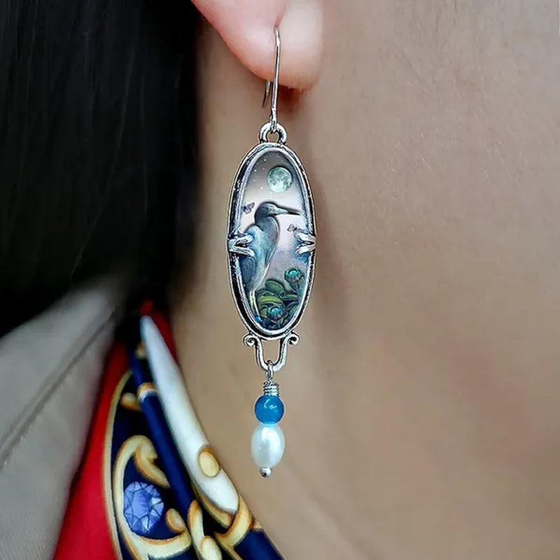 1 pair Antique 925 Sterling Silver Pendant Earrings Natural Gemstone Inlay Dangle Earrings Bridal Engagement Wedding Anniversary Gift  Bohemian Style Earrings