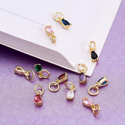 20Pcs Cubic Zirconia Mini Rhinestone Charms Brass Pave CZ Water Drop Extender End Charms Colorful 18K Gold Faceted Dangle Teardrop Birthstone Pendant Bulk with Loop for Jewelry Making 8X3Mm