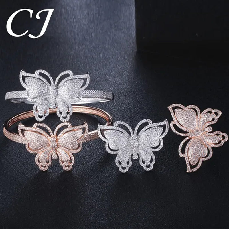 CANDICE High Quality Rose White Gold Plated Full Pave Tiny Crystal Stone Big Butterfly Shape Ring and Bangle Bracelet Party Jewelry Set for Women Christmas Gift