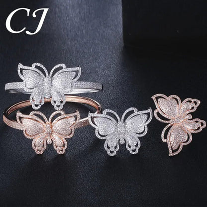 CANDICE High Quality Rose White Gold Plated Full Pave Tiny Crystal Stone Big Butterfly Shape Ring and Bangle Bracelet Party Jewelry Set for Women Christmas Gift