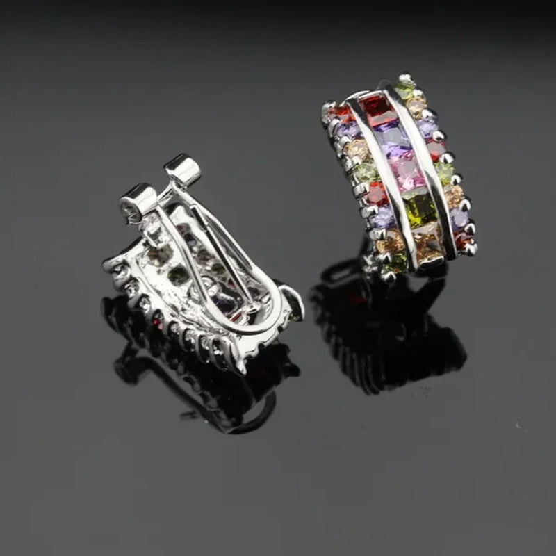 Multi Color Gemstones 925 Silver Jewelry Set For Women Pendant Necklace Earrings RIng
