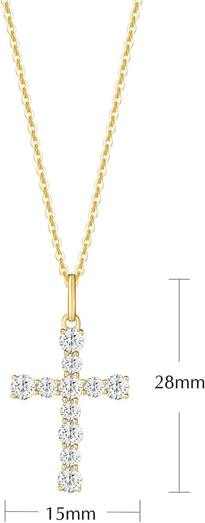9K Solid Gold Cute Dainty Cross Pendant Necklace with White Sapphire Gemstone Fine Delicate Jewelry Mothers Day Gifts for Women, Moms