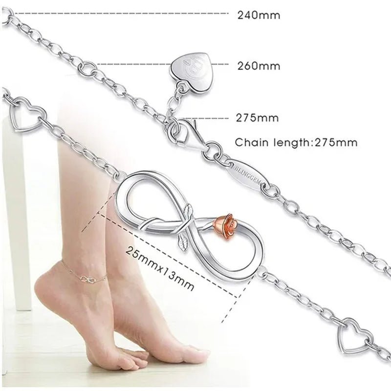 Exquisite Fashion Womens Ankle Bracelet 925 Sterling Silver Anklet Cubic Zirconia Infinity Heart Summer Beach Stylish Chain Adjustable Gift for Women