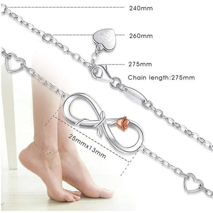 Exquisite Fashion Womens Ankle Bracelet 925 Sterling Silver Anklet Cubic Zirconia Infinity Heart Summer Beach Stylish Chain Adjustable Gift for Women