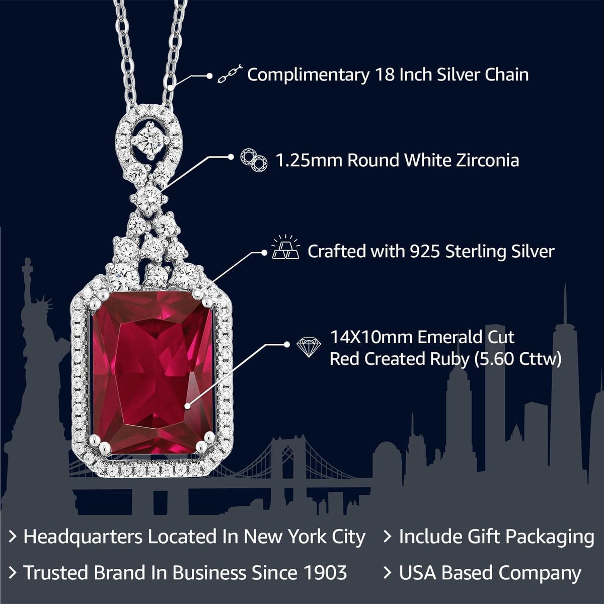 5.60 Cttw Red Created Ruby Pendant Necklace for Women | 925 Sterling Silver | Emerald Cut 14X10MM | with 18 Inch Silver Chain