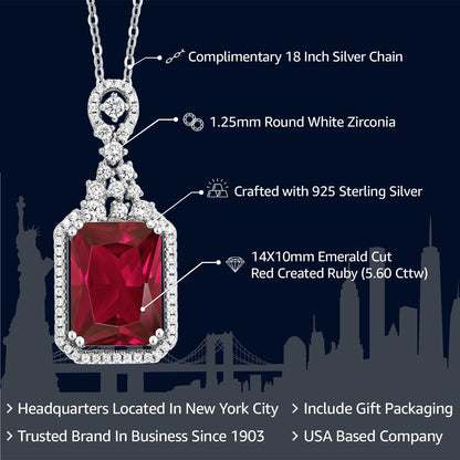 5.60 Cttw Red Created Ruby Pendant Necklace for Women | 925 Sterling Silver | Emerald Cut 14X10MM | with 18 Inch Silver Chain