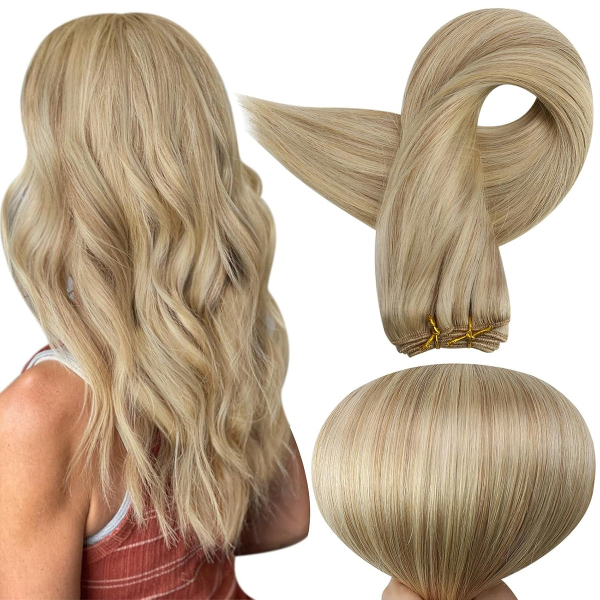 20 Inch Blonde Hair Extensions Real Human Hair Weft Extensions Color Dirty Blonde Mix Platinum Blonde Weft Hair Extensions Human Hair Sew in Hair Extensions Silky Soft Hair Weft 105G
