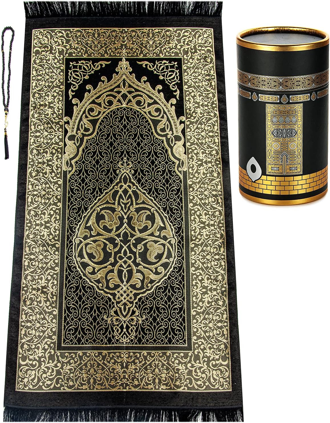 Muslim Prayer Rug and Prayer Beads with Elegant Design Cylinder Gift Box, Janamaz, Sajadah, Soft Islamic Gifts Set, Carpet Mat, Taffeta Fabric, Black