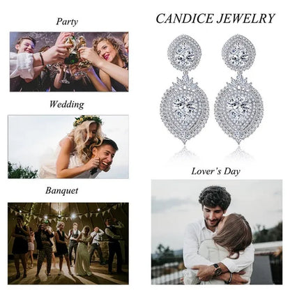 CANDICE Luxury Jewelry 18K Platinum Plated Double Large Water Drop Cubic Zirconia Crystal Long Dangle Earrings For Wedding Gift