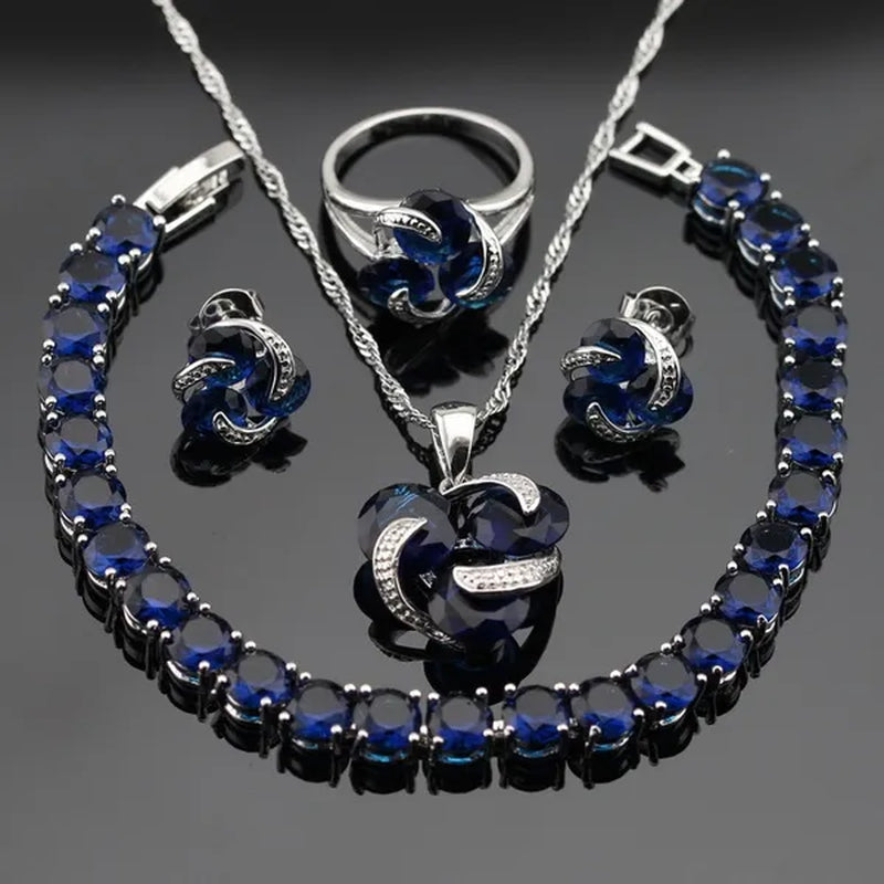 Delightful 925 Sliver Jewelry Sets Blue Zircon  Necklace Pendant Earring Ring Bracelet For Women  Dating Gift