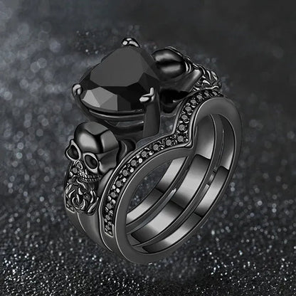 Gothic Skull Black Rings Set Women Rose Flower Red Purple Heart Love Zircon Crystal Christmas Anniversary Jewelry