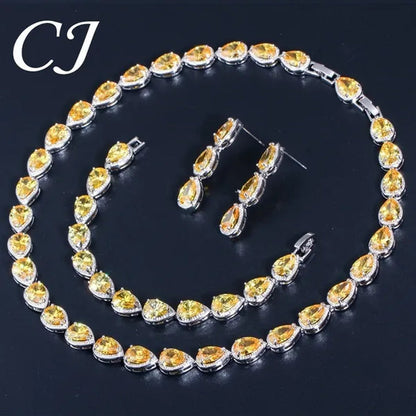 CANDICE Classic Zirconia Wedding Jewelry Sets For Bridal Luxury Teardrop CZ Stone White Gold Plated Party Chocker Necklace Earrings and Bracelet Set