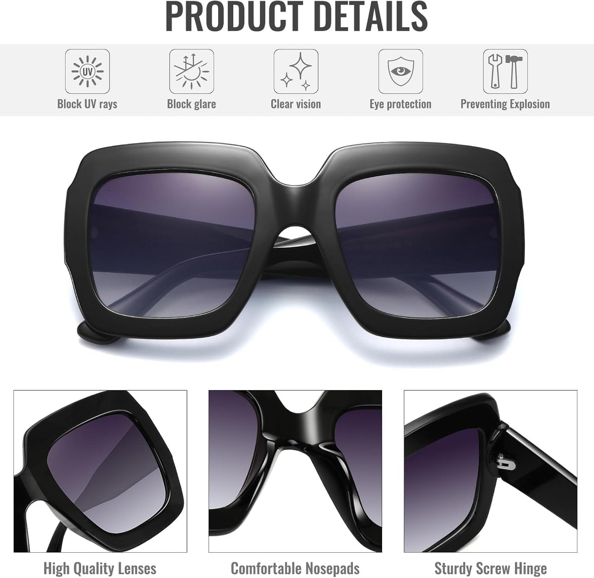 Oversized Square Sunglasses Womens Retro Shades Luxury Big Sun Glasses UV400 Protection S0178