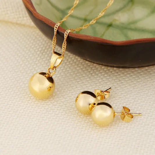 Ball Round Pendant Necklace Ball Round Earrings Jewelry 24K Gold Women Best Party Fine Jewelry