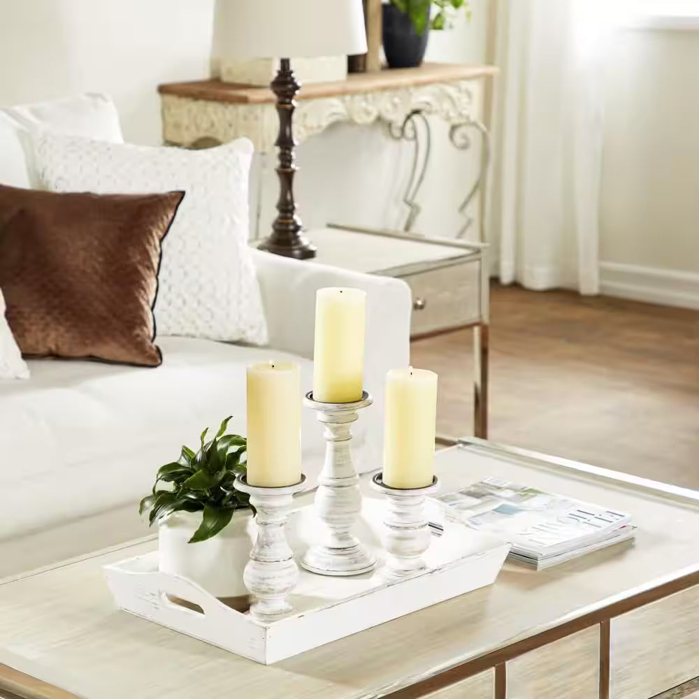White Mango Wood Turned Style Pillar Candle Holder (Set of 3)