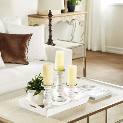 White Mango Wood Turned Style Pillar Candle Holder (Set of 3)