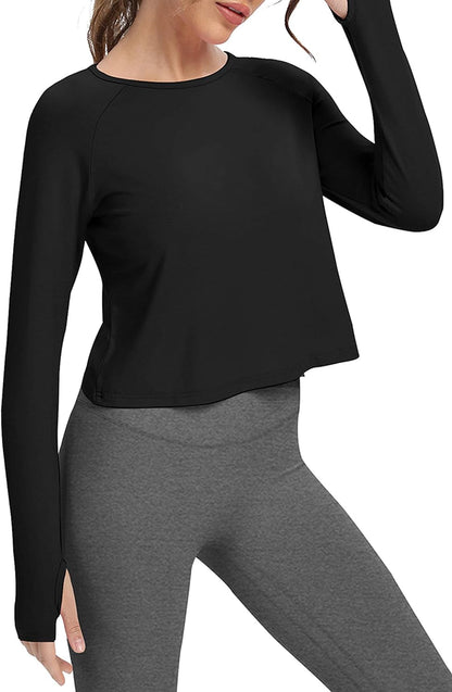 Long Sleeve Athletic Workout Shirts Sports Yoga Gym Crop Tops for Women
