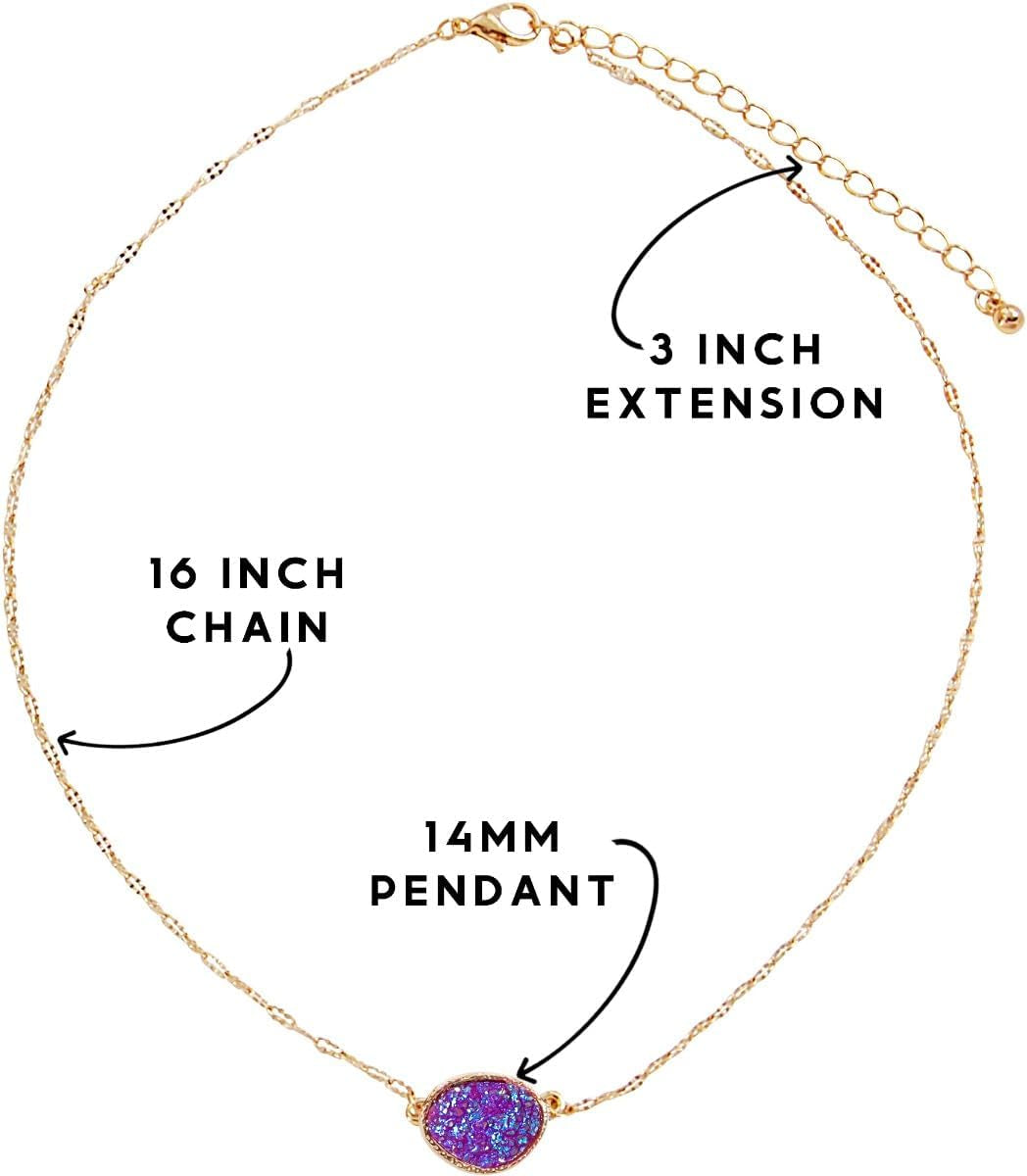 Humble Chic Simulated Druzy Pendant Necklace for Women with Sparkly Oval Stone - Gold, Silver, or Rose Gold Tone Chain - 16" with 3" Extender