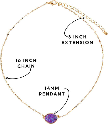 Humble Chic Simulated Druzy Pendant Necklace for Women with Sparkly Oval Stone - Gold, Silver, or Rose Gold Tone Chain - 16" with 3" Extender