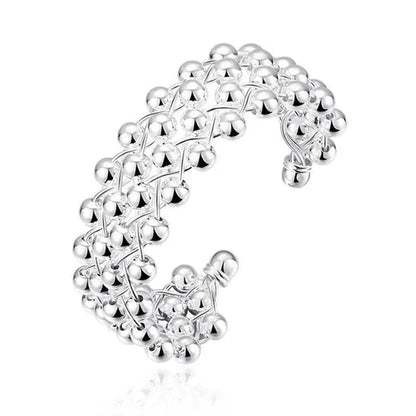925 Sterling Silver Smooth Round Beads Hand-woven Four-row Wide Face Bangle Bracelet Fashion Charm Party Jewelry
