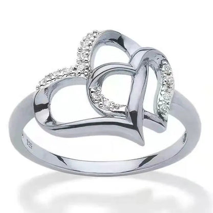Lady's Elegant Heart shaped Ring Creative Design Diamond Zircon Double Love Hollow Ring Female Fashion Jewelry