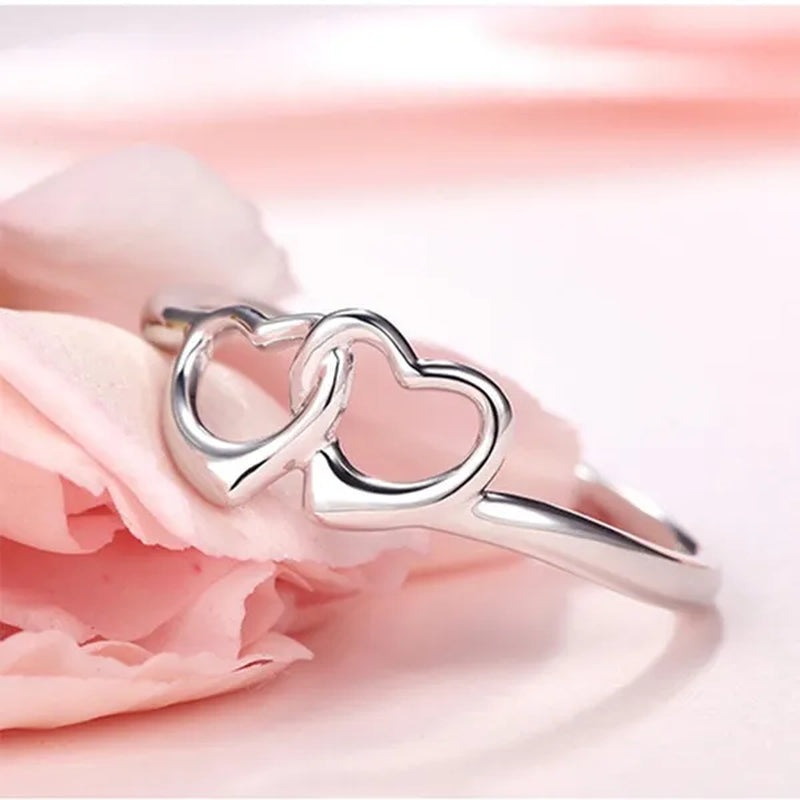 Cute Simple Double Heart Shaped Ring Elegant 925 Sterling Silver Rings Gifts for Women Girl