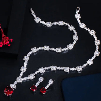 CANDICE Fashion Modern Bridal Party Jewelry White Cubic Zirconia with Exquisite Red Stone Square Drop Necklace Earrings Set for Brides