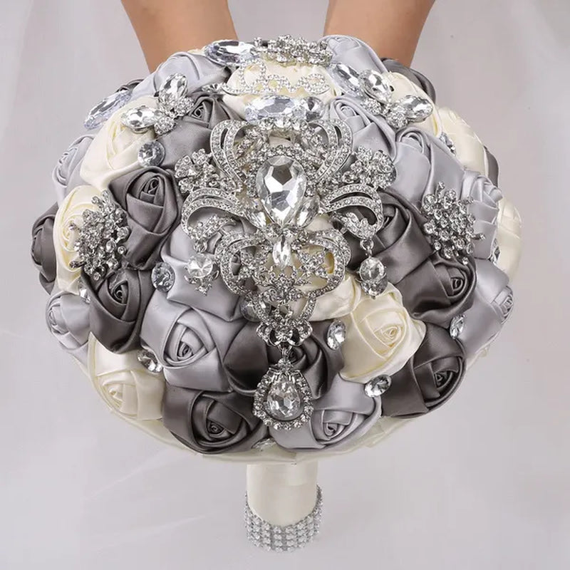 21CM Shiny Silver Rhinestone Brooch Bridal Bouquet Handmade Silk Rose Ribbon Diamond Wedding Flower Bouquet Bridesmaid Holding Flowers