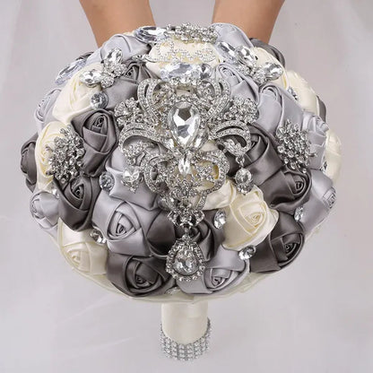 21CM Shiny Silver Rhinestone Brooch Bridal Bouquet Handmade Silk Rose Ribbon Diamond Wedding Flower Bouquet Bridesmaid Holding Flowers