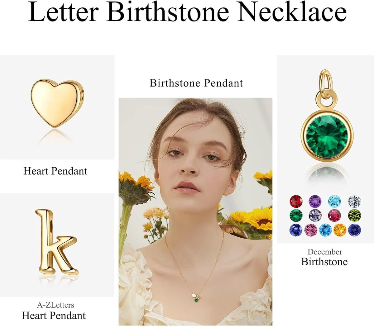 Initial Birthstone Necklace for Women, 14K Gold Plated Heart Initial Necklace Birthstone Necklace Heart Initial Birthstone Pendant Necklace Family Birthstone Necklace Birthday Gifts for Women