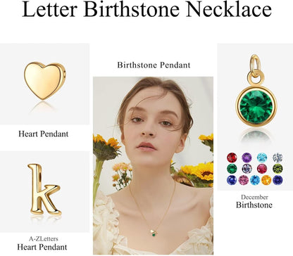 Initial Birthstone Necklace for Women, 14K Gold Plated Heart Initial Necklace Birthstone Necklace Heart Initial Birthstone Pendant Necklace Family Birthstone Necklace Birthday Gifts for Women