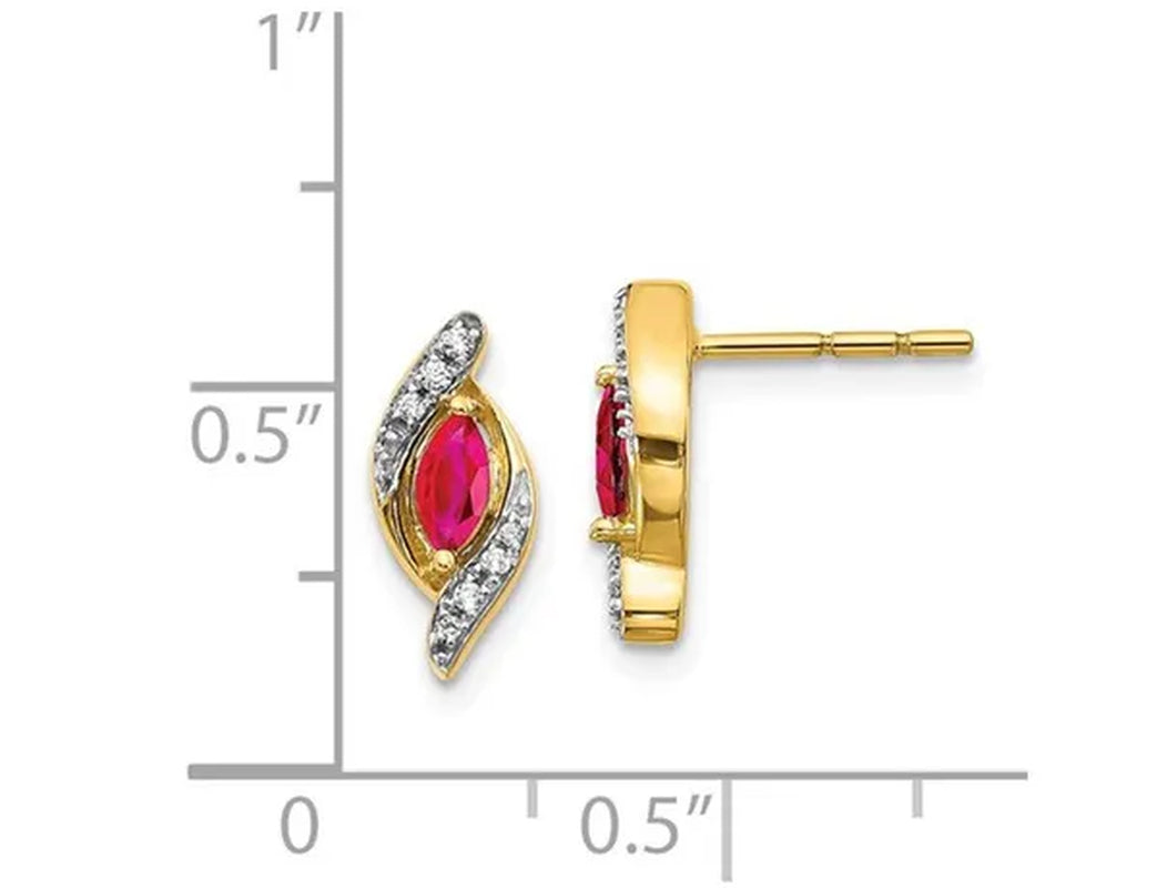 1/3 Carat (ctw) Marquise-Cut Natural Ruby Post Earrings in 14K Yellow Gold with Accent Diamonds
