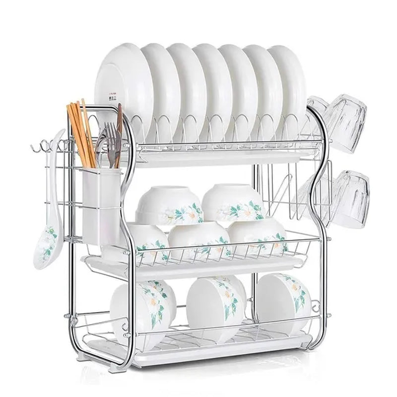 Dish Drying Rack 3-Tier Dish Drainer Rack Kitchen Storage with Drainboard and Cutlery Cup Dish Shelf Tableware Holder