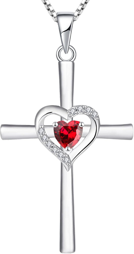 Heart Cross Necklace Sterling Silver Crucifix Pendant Gemstones Criss Jewelry for Women