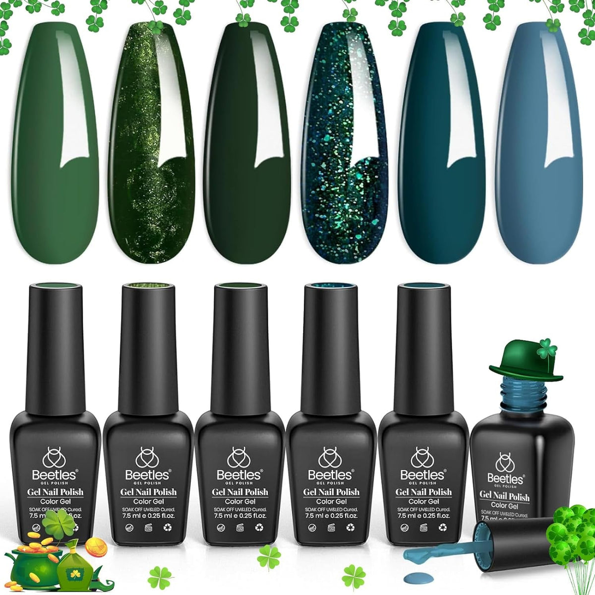 Beetles Gel Nail Polish Kit 6 Colors Green Gel Nail Polish Glitter Pearl Gel Nail Polish Spring Gel Polish Soak off Uv LED Nail Lamp Gel Nail Kit DIY Home Nail Manicure Easter Gel Nail Polish