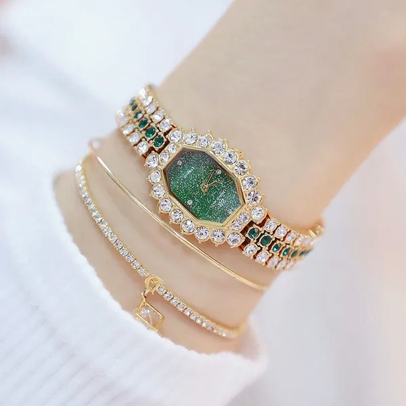 BS Brand Fashion Watches Women Ladies Diamonds Small Bracelet Watch Green Stone Gold Waterproof Montre femme
