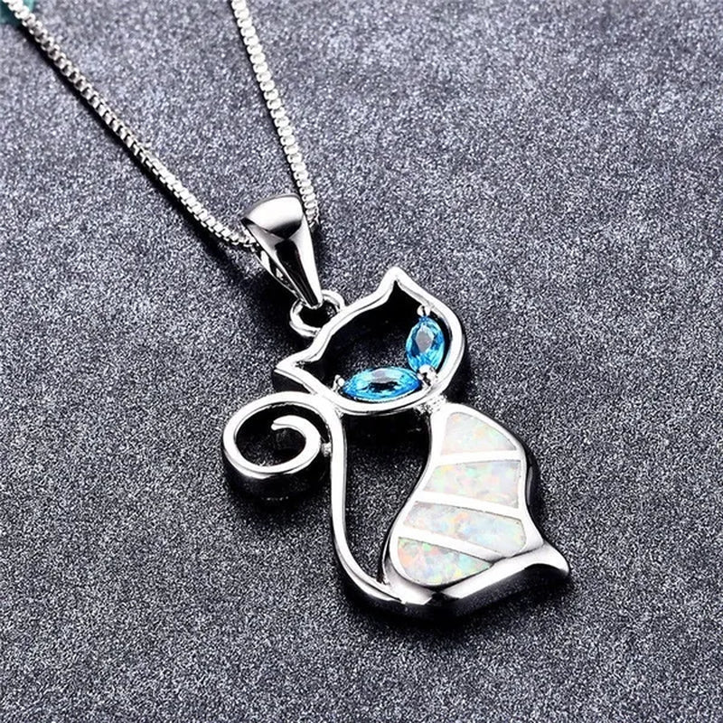 Fashion Elegant 925 Silver White Fire Opal Sapphire Cat Pendant Necklace Womens Jewelry Gifts