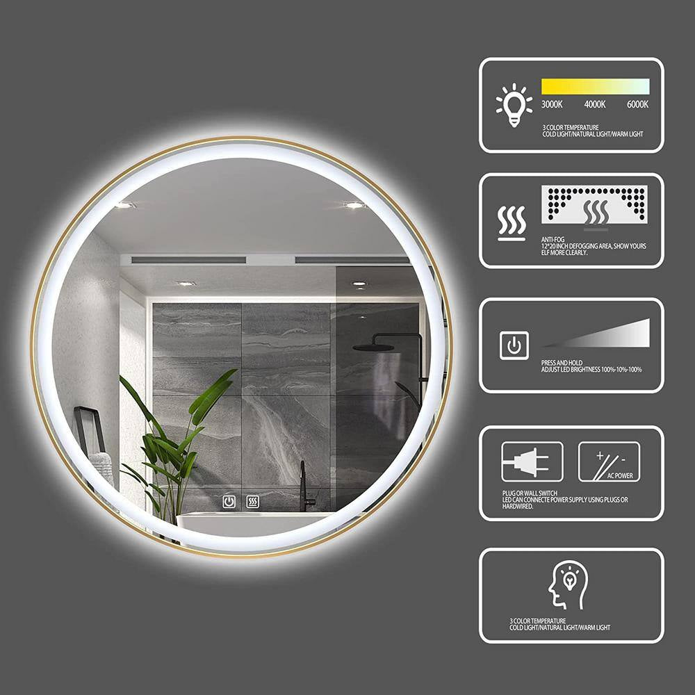 30 In. W X 30 In. H round Aluminum Framed LED Light with 3-Color and Anti-Fog Wall Mount Bathroom Vanity Mirror in Gold