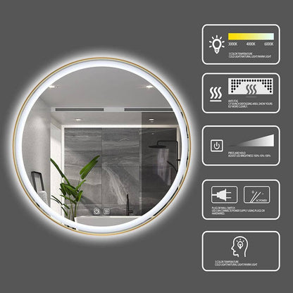 30 In. W X 30 In. H round Aluminum Framed LED Light with 3-Color and Anti-Fog Wall Mount Bathroom Vanity Mirror in Gold